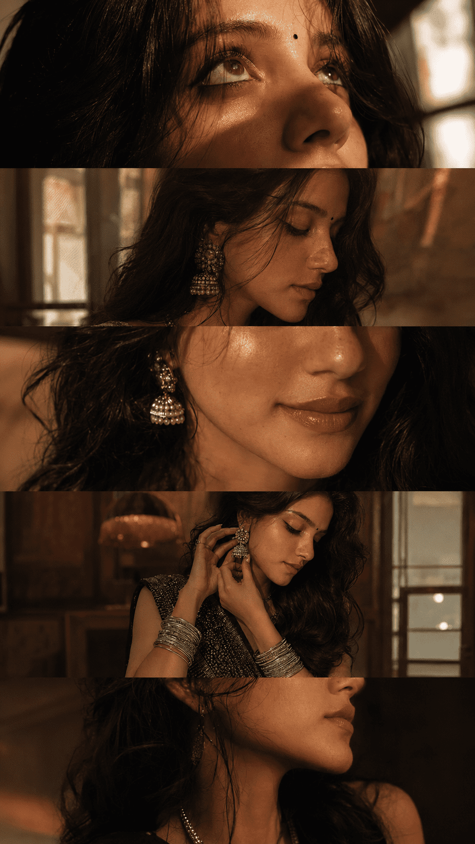 AI desi portrait collage prompts showing cinematic 5 frame aesthetic photography with neon and golden hour lighting