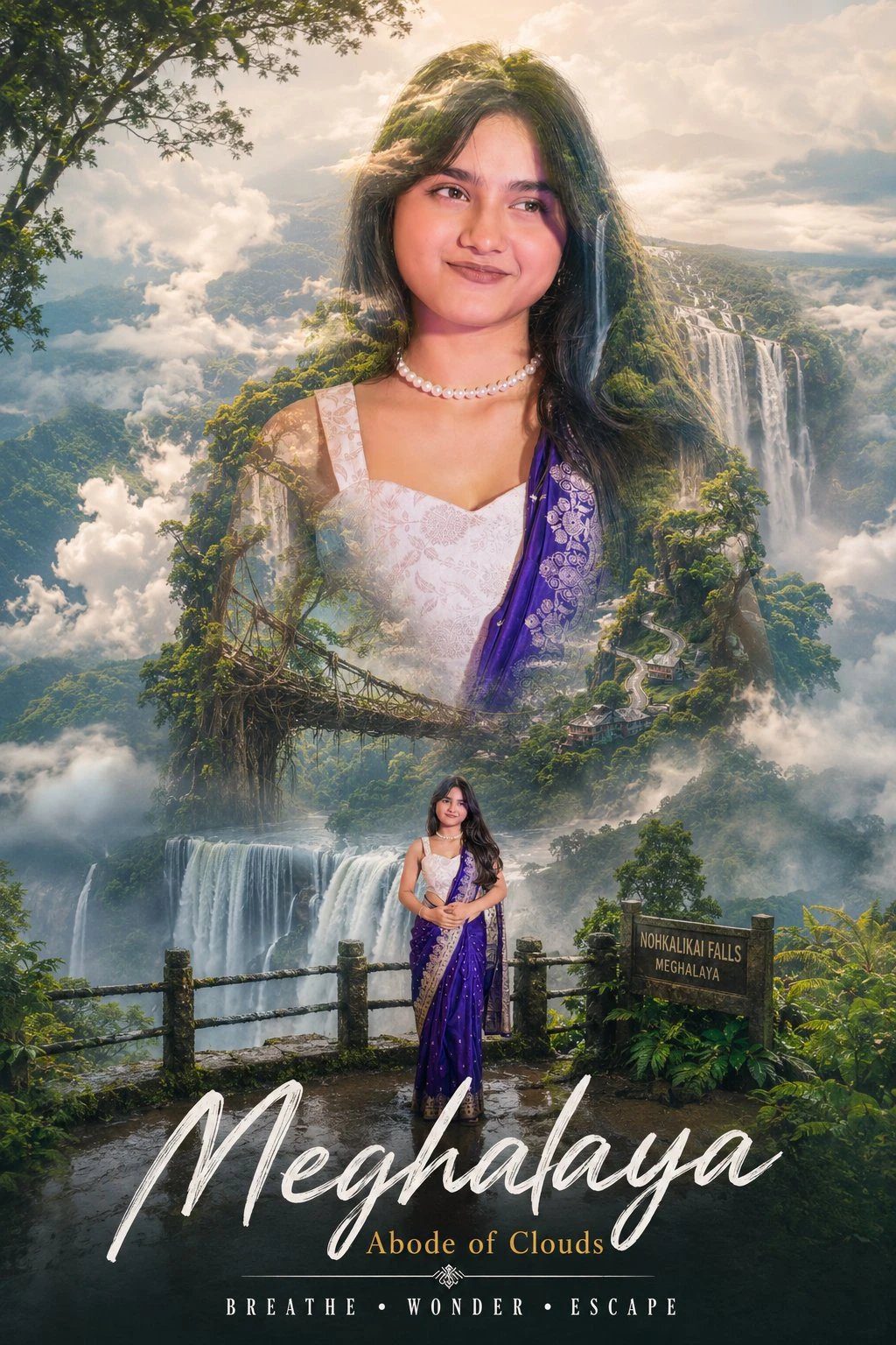 Meghalaya AI travel poster - double exposure cinematic photo