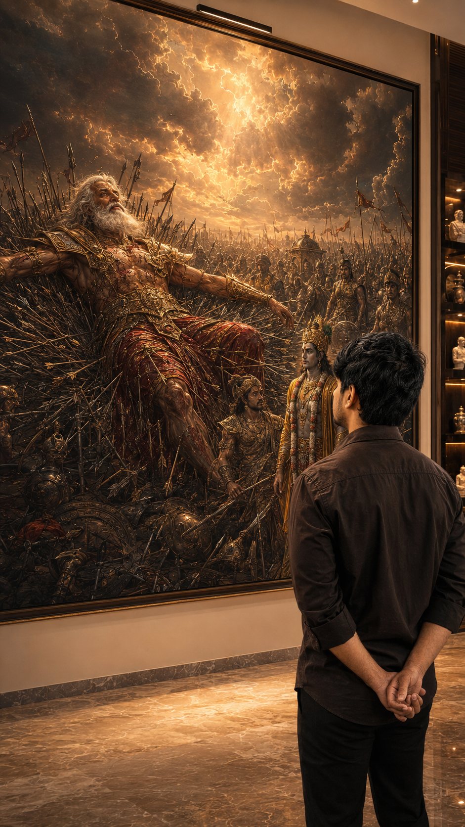 Person standing before Lord Krishna Mahabharata painting - AI cinematic photo